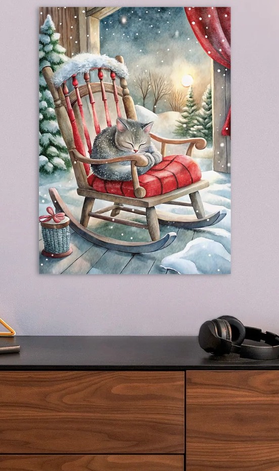 Winter Cat Nap in Rocking Chair — metal poster wall art by Lineer